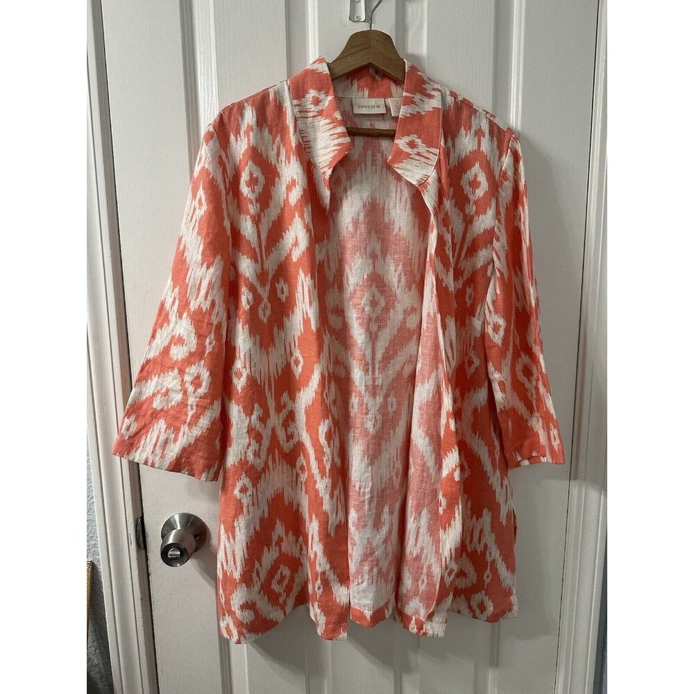Chico's Women’s Linen Cardigan Size 2 US Large Pink White Chevron Open Front